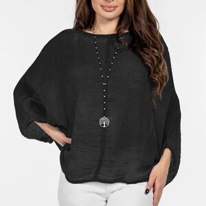 RAW MODA Black Crinkle Dolman Sleeve Blouse Pullover 100% Cotton Washed Batwing